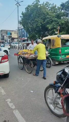 A man in a bright green shirt and dark pants pushes a three-wheeled cart filled with bananas along a paved road. He is walking away from the camera. A motorcycle is beside him, carrying two people. A white car is to the left of the frame. Buildings and trees are visible in the background.