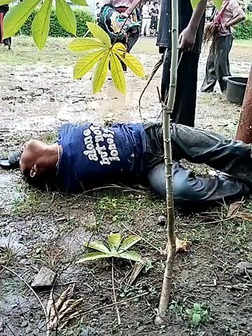A person lies on their back in a muddy area, seemingly unconscious. They are wearing a blue shirt, dark pants, and appear to have sandals on. Several other individuals stand around them, some wearing traditional clothing. A small tree is visible in the foreground, partially obstructing the view. The background includes a grassy field and a building in the distance. The overall scene suggests an outdoor setting where some event has taken place.