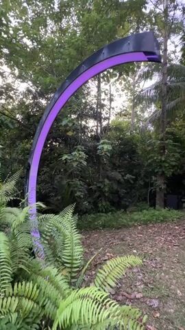 A person is walking on a path in a forest. The path is covered with fallen leaves. There are trees and ferns on both sides of the path. There is a large, curved structure illuminated with purple light on the left side of the path. Further down the path, there is a circular structure illuminated with purple light. There are some lights and figures visible through the circular structure. The person is walking towards the circular structure.