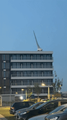 Bird sculpture on rooftop of modern building in Maasdijk