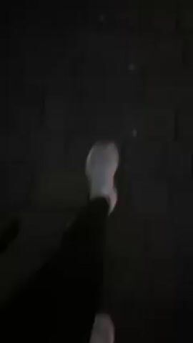 The video begins with a low-angle view of a person walking on a cobblestone path, focusing primarily on their feet. The person is wearing black pants and light-colored shoes, with a light-colored coat visible in the lower portion of the frame. The camera angle then shifts upward, revealing a paved path lined with street lamps and trees. The sky is dark, suggesting it's dusk or night. There is some fog in the distance, obscuring the view slightly. The environment appears to be a park or residential area.