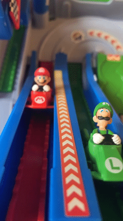 Mario Kart toy collection in play, San Quirico d'Orcia