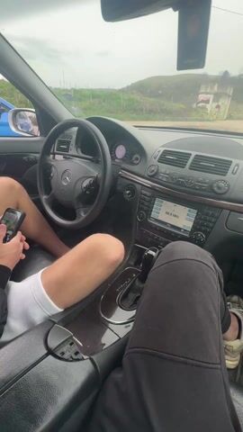 The video is shot from the interior of a car, showing the dashboard and the legs of two occupants. The radio display shows the frequency 88.8 MHz. Outside the car, a field is visible with cows grazing. A man wearing a dark jacket and green boots is seen picking up something from the ground near a pile of branches. The weather appears overcast.