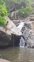 Young People Cliff Jump at Thailand Waterfall During Morning Recreation
