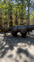 Barcelona scenes: bronze cat sculpture, seagull feeding documented
