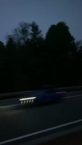 A short video shows a dark road with white lines, presumably a highway, bordered by a guardrail. Beyond the guardrail, dark trees and foliage line the side of the road. The sky is a deep, dusky blue, indicating it is either dawn or dusk. The camera appears to be moving, likely from within a vehicle, as the trees and scenery are blurred, suggesting motion. There are no people or other vehicles visible in the frame.
