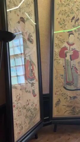 The video shows a pair of framed oriental-style paintings. The paintings are vertically oriented and depict figures in traditional clothing, surrounded by foliage and birds, set against a beige or light brown background. The frames are black. To the left of the paintings is a black floor lamp with a bowl-shaped shade facing upwards. Next to one of the paintings is a window with multiple panes and a light-colored blind. The wall behind the paintings is a textured beige or light brown. A red object is visible on the right side of the frame, partially obscuring one of the paintings. The camera moves slightly, panning across the scene. The ceiling is visible at the end of the video and appears to have a decorative design with circular indentations and a warm-toned light strip around the perimeter. There are also reflections on the paintings, possibly from a light source or windows.