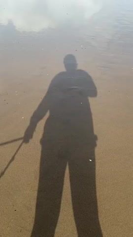 The video begins with a shadow of a person on a sandy beach. The person is holding a leash that trails off the left side of the frame. The shadow is cast by the sun from behind the viewer, and the sandy ground is wet and reflective, suggesting it is near the water's edge. The water reflects the sky and clouds. As the video progresses, the camera pans down and to the right, revealing the dog attached to the leash. The dog is black and tan with short legs and is wearing a red collar. The dog is facing to the left and appears to be sniffing the sand. The leash is red and appears to be made of rope. The dog's shadow is also visible on the wet sand. The person's shadow is still visible in the frame, continuing to hold the leash. The scene is peaceful and suggests a walk on the beach.