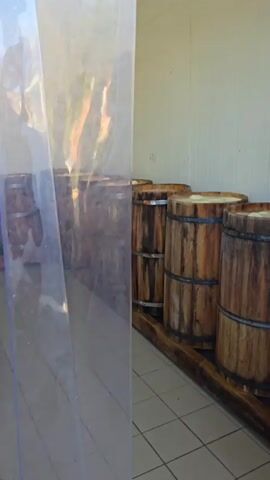 The video shows a storage room containing rows of wooden barrels filled with a milky white liquid. The barrels are resting on wooden supports along the floor, and the room has white walls and tiled flooring. The video pans along the line of barrels, showing their construction with wooden staves held together by metal bands. Some barrels are almost full, while others appear empty. The reflection of a person in a glass or transparent barrier is briefly seen at the beginning of the video.