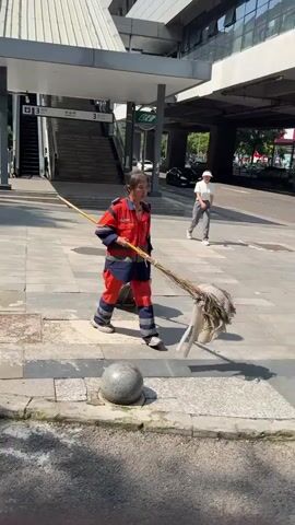 The video features an elderly female street cleaner working on a bright, sunny day in an urban environment in Banan, China. She is wearing a distinctive orange and dark blue uniform with reflective stripes, and a white and orange crescent-shaped object (possibly a sunshade or safety reflector) is visible on her back.

The cleaner is actively sweeping a concrete sidewalk using a large, traditional broom with natural bristles. She skillfully moves debris towards a unique wheeled device that functions as both a dustpan and a collection bin, which she pulls along as she works. The work appears physically demanding.

In the background, another elderly woman dressed in a white top and grey pants walks past. The setting includes an asphalt road with visible traffic, concrete sidewalks, and several round, grey bollards lining the curb. An elevated structure, possibly an overpass or part of a building, partially shades the area. Steps leading to an upper level are visible to the left. The uniform of the street cleaner bears Chinese characters, which appear to read "巴南城市服务" (Banan City Services), confirming the location context. The strong shadows indicate bright daylight conditions. The cleaner maintains a focused expression while performing her duties.