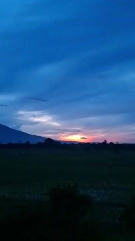 A slow-motion video shows a wide shot of a dusky landscape with a dark foreground of grass and distant silhouetted trees and mountains. A sliver of orange sunset is visible on the horizon between the trees and mountains. The sky above is a deep blue with wispy, lighter blue clouds.