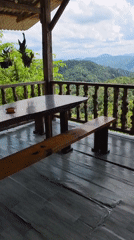Mountain vista recorded from wooden porch in Sơn Điền