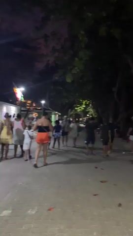 The video shows a nighttime street scene with several people walking along a paved walkway. On the left side of the walkway, there are low-lying buildings with green walls and white shutters. A flag, predominantly red, white, and green, is mounted on a pole in front of one of the buildings. Lights illuminate the scene from street lamps and from within the buildings. Several people are visible walking in both directions, some in groups and others individually. Some are wearing casual clothing. The ground is paved with interlocking stones and scattered leaves. The atmosphere appears to be a leisurely evening stroll in a populated area.