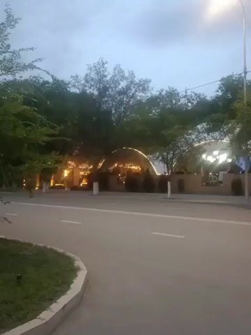The video opens with a shot of a street at dusk, with trees lining the sidewalk. In the background, an establishment with arched entrances is visible, decorated with string lights. The lights are illuminated, casting a warm glow. A streetlamp is also visible, its light illuminating the sky. The scene is peaceful and serene, with no people or vehicles present. The overall impression is one of quiet beauty, as the day gives way to night.
