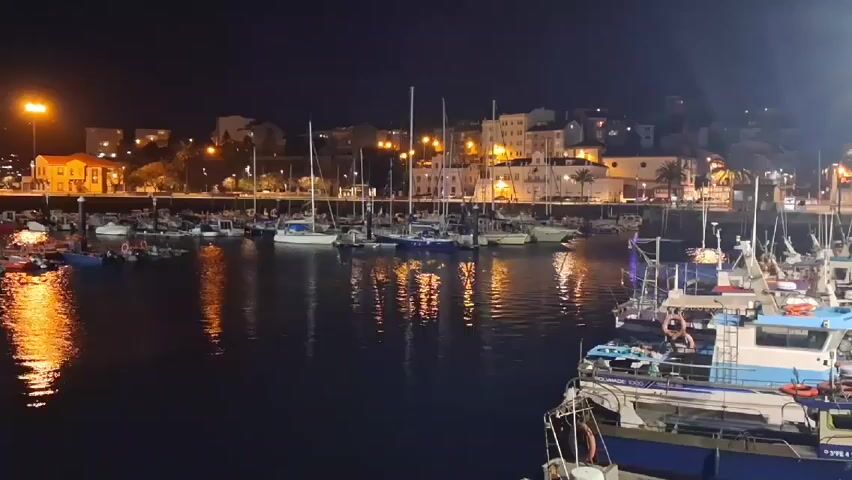 Here is a description of the video:

The video shows a harbor at night. Various boats, including sailboats and fishing boats, are docked. Buildings lit with warm lights line the harbor's edge, and their reflections shimmer on the water. The video is taken from the dock level.  The sky is dark, and the atmosphere appears calm.