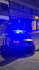 Buenos Aires police car parked at night, lights flashing