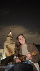 Evening rooftop ukulele performance and indoor gymnastics in Moscow