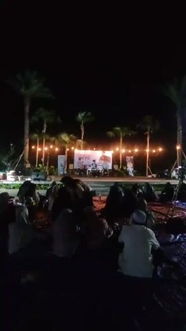 Here is a description of the video:

The video depicts an outdoor event at night. A stage is set up with a banner that reads "NCTC" and features images of people.  Several people are sitting on the ground in front of the stage, facing the speakers.  Palm trees and string lights adorn the area around the stage.  A video camera is set up to record the event. The overall atmosphere appears to be relaxed and informal.