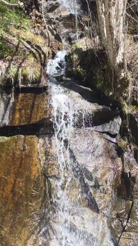 The video shows a small waterfall cascading over rocks in a forest setting. The water flows down a rocky slope, creating a visual spectacle of shimmering droplets. The surroundings consist of trees and greenery, adding to the natural ambiance.  The shot is taken from a low angle, looking upwards, emphasizing the height and flow of the waterfall. The scene is well-lit, with sunlight filtering through the trees, highlighting the textures of the rocks and foliage.