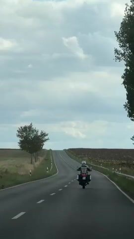 A motorcycle rider travels on a paved road. The road is bordered by a grassy shoulder and a field of crops. The sky is cloudy.