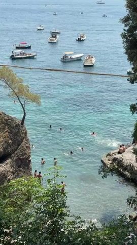 The video displays a bright, sunny day at a coastal location with clear, turquoise water. Several boats are anchored in the bay, some appear to be leisure boats with people on board. In the foreground, a rocky cliff face is visible, with lush green foliage growing from its base and along the edge of the water. Several individuals are in the water, swimming and enjoying the ocean. On the rocky shore to the right, two people are seated. The overall impression is one of a vibrant and active beach scene.