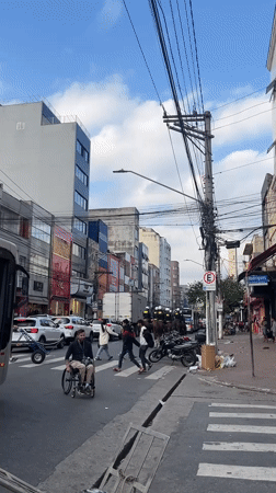Urban street life captured with police, vendors, pedestrians