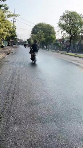 A motorcycle ride is captured from a low angle, following closely behind. The first clip shows a lone rider with exhaust smoke billowing behind them. In the second clip, two individuals are riding the motorcycle, one in front and one behind, and they are transporting a large white box. The road appears wet and reflects the light. Trees and buildings line the side of the road, and the sky is clear and bright.