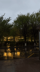 Rainy afternoon captures wet streets and taxi in Gyumri