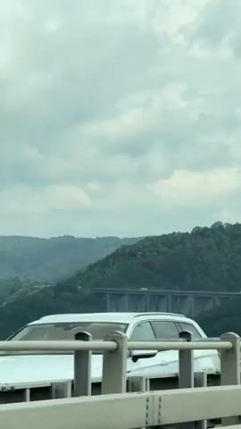 The video is a vertical, first-person perspective shot from a vehicle traveling on a bridge. The camera is positioned slightly above the bridge's guardrail, which is white and metal. Beyond the guardrail, more of the bridge structure is visible, with multiple lanes and white barriers. In the background, a vast, green, tree-covered mountain range dominates the landscape. A large, concrete bridge with numerous pillars stretches across a valley in the distance. The sky is overcast with scattered clouds, giving the scene a slightly muted, daytime atmosphere. Cars are visible on both the immediate bridge and the distant bridge, indicating ongoing traffic. One car, a dark-colored SUV, passes by on the bridge in the foreground.