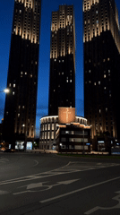 Moscow high-rise buildings illuminated at night, May 18