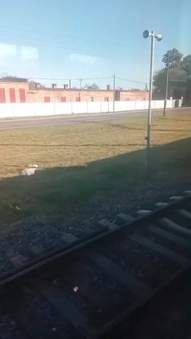 The video shows a view from inside a moving train. The camera is angled downwards and to the right, focusing on the train tracks and the surrounding landscape. Outside the train, there is a grassy area, a white fence, and a long, low building with a red roof and red-trimmed windows. A power line pole with wires runs parallel to the train tracks. The sky is blue with a few faint clouds. The lighting suggests it is daytime, possibly morning or afternoon, with the sun casting shadows. There are no people visible in the frame. The video appears to be a short, static recording from a train window, capturing a moment of travel.