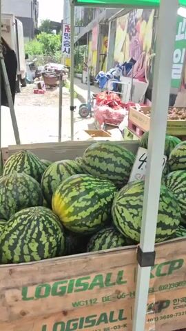 The video shows a fruit and vegetable stand on a sunny day. The stand is covered by a green canopy. In the foreground, there are several large watermelons in a crate, with a sign that reads "SALE 4,000". Behind the watermelons, there are boxes of other produce, including what appear to be zucchini and eggplant. The video pans to the right, revealing more of the stand with various fruits and vegetables on display, including peaches, tomatoes, and grapes. A woman in a green shirt is standing to the right of the stand, looking at the produce. In the background, there are buildings and other stalls. The overall scene suggests a bustling outdoor market.