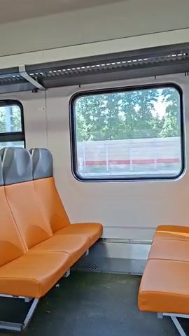 The video shows the interior of a train car with orange seats. A window looks out onto trees and a fence with graffiti. The train appears to be moving.