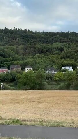 The video begins with a shot of a rural landscape featuring a field of dried grass, trees, and houses nestled on a hillside. The camera then pans to show a road with a bicycle path and a traffic sign. The view shifts to the interior of a car, looking out the windshield. The car is driving on a paved road surrounded by trees. Several other cars are visible on the road, and the sky is cloudy. Traffic signs are visible, indicating speed limits or road conditions.