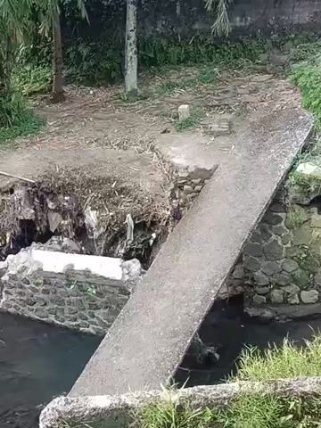 The video shows a narrow river or canal. The water appears murky and dark. The banks of the canal are lined with stone walls, some of which are damaged and eroded, with visible piles of trash and debris. A small, simple concrete bridge spans the canal. Green vegetation, including bamboo, grows along the banks. The overall environment suggests neglect and pollution.
