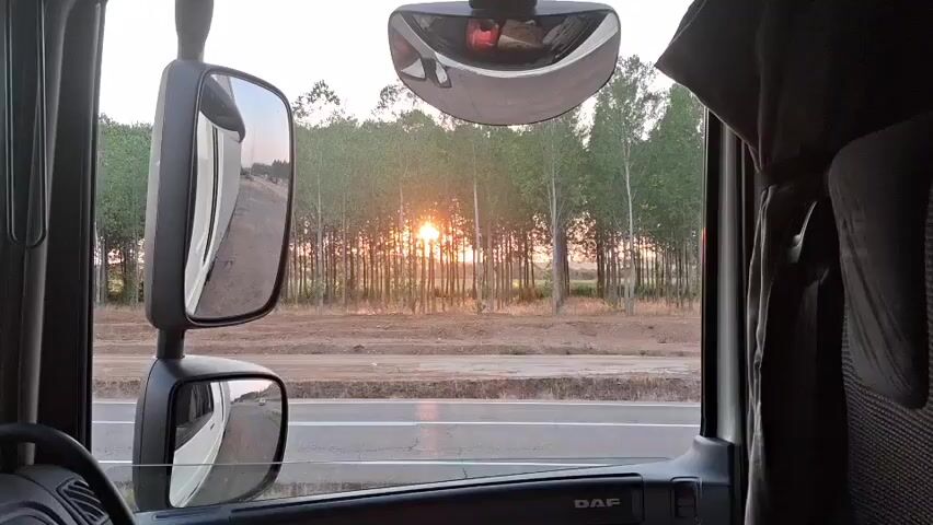 The video shows a view from inside a truck cab, looking out the passenger window. The sun is setting behind a dense line of trees, casting a warm glow through the branches. A dirt road runs in front of the trees, and a paved road is visible further ahead. Two mirrors are mounted on the outside of the truck: a large side mirror and a smaller mirror below it. The interior of the truck cab is partially visible, including the edge of the dashboard and a seat. The overall impression is one of a peaceful, rural landscape at dusk.