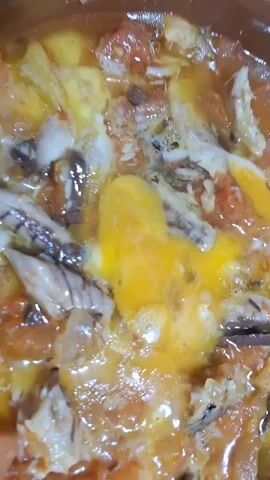 The video shows three terracotta dishes on a black stovetop. The first dish contains a mixture of tomatoes, fish, and a cooked egg. The second dish holds a similar mixture of tomatoes, fish, and a broken egg. The third dish appears to contain potatoes and tomatoes. The camera moves from a close-up of the first dish to a wider view showing all three dishes. The final shot is of a bright, reflective surface, likely the ceiling. There are no people visible in the video.