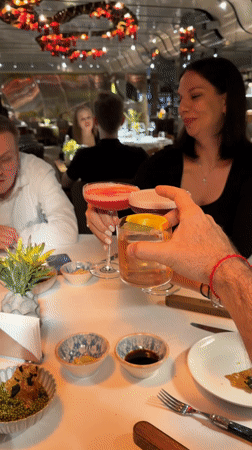 Moscow diners toast as colorful balloons drift overhead