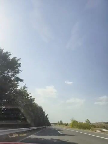 This video shows a view from a vehicle traveling on a highway. The road is paved with white lines indicating lanes. On the left side of the road, there is a row of evergreen trees and a metal guardrail. The sky is clear and blue with a few scattered clouds. The sun is bright, casting shadows on the road. In the distance, the road appears to continue into a flat landscape with some vegetation. The overall impression is of a sunny day drive on a highway.