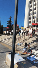 Protesters gather with flags in Ternopil, Ukraine