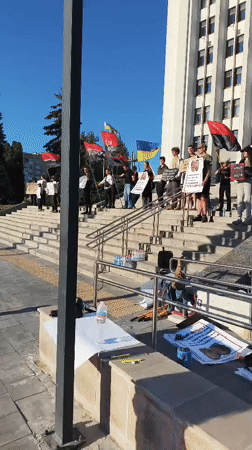 Protesters gather with flags in Ternopil, Ukraine