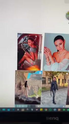 A computer screen shows the Instagram profile page of an unidentified woman. The images in the photo grid depict the woman in various settings: driving an older model car, posing with jewelry, standing near a waterfall, walking on a cobblestone street wearing a leather jacket, and standing in a snowy landscape. There are also images of her holding a gift-wrapped box and posing in what appears to be her home. The profile page is in German.
