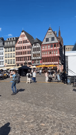 Frankfurt public square bustling with street performers and outdoor displays