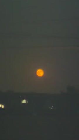 A full, orange moon is visible in a hazy, dark sky. Below the moon, a dark silhouette of a landscape with trees and some distant lights from buildings can be seen. The image is slightly blurred and has a grainy texture. The video appears to be a still capture or a very short, slow-moving clip.
