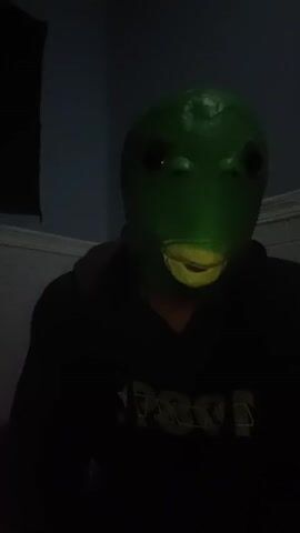 A person wearing a green mask that resembles a frog or alien is shown from the chest up. They are wearing a black hooded sweatshirt with some text on it that is mostly obscured by shadow. The background is dark, with a blue wall and white trim visible. The lighting is dim. The person's head moves slightly from side to side.