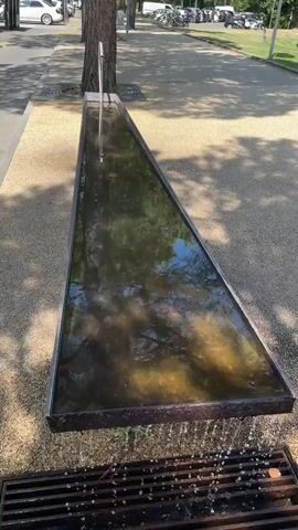 A rectangular, metal basin filled with water sits outdoors. A curved metal spout extends from the left side of the basin, with water flowing from it into the basin. The basin is surrounded by a gravel-like ground cover. In the background, a tree trunk is visible to the left, and a paved path with people and vehicles can be seen beyond that. The sun casts dappled shadows on the ground and in the water.