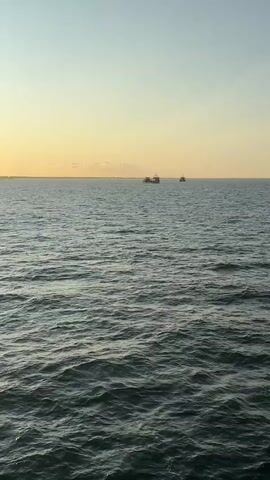 The video shows a wide shot of the ocean with a golden sunset in the background. The sky is clear with a few scattered clouds. The sun is low on the horizon, casting a warm glow over the water. The sea is calm with gentle waves. Several ships are visible in the distance, some of which appear to be cargo ships or ferries. There is a coastline in the background with what looks like industrial structures or cranes. The overall mood of the video is peaceful and serene. The camera appears to be moving slightly, possibly from a boat or elevated platform.