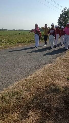 A group of children, dressed in pink headscarves and white garments, are walking in a line on a paved road. They are accompanied by a person in a yellow shirt. The children are all wearing white pants and dark shoes. Some of the children have bibs on their shirts. The road is bordered by dry grass and a field of crops. The sky is clear and blue. The scene appears to be a sunny day. The children are walking in unison, suggesting a procession or a coordinated activity.