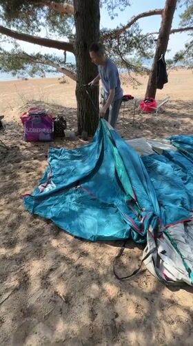 Camper sets up tent in Russian pine forest