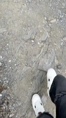 The video shows a person wearing a white Croc and black shorts walking on a gravel path. The camera then pans up to reveal a mountain range covered in trees. There are also some flowers in the foreground. The sky is cloudy, but there is a patch of blue sky with white clouds. There are power lines visible in the sky.
